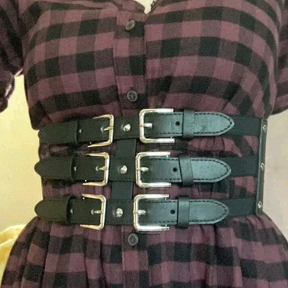 Faux leather Wide corset waist Black Belt studded Goth punk Triple buckle